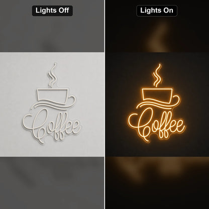 Coffee Script With Cup And Saucer LED Neon Sign Home Garage Wall Decoration day and night comparison