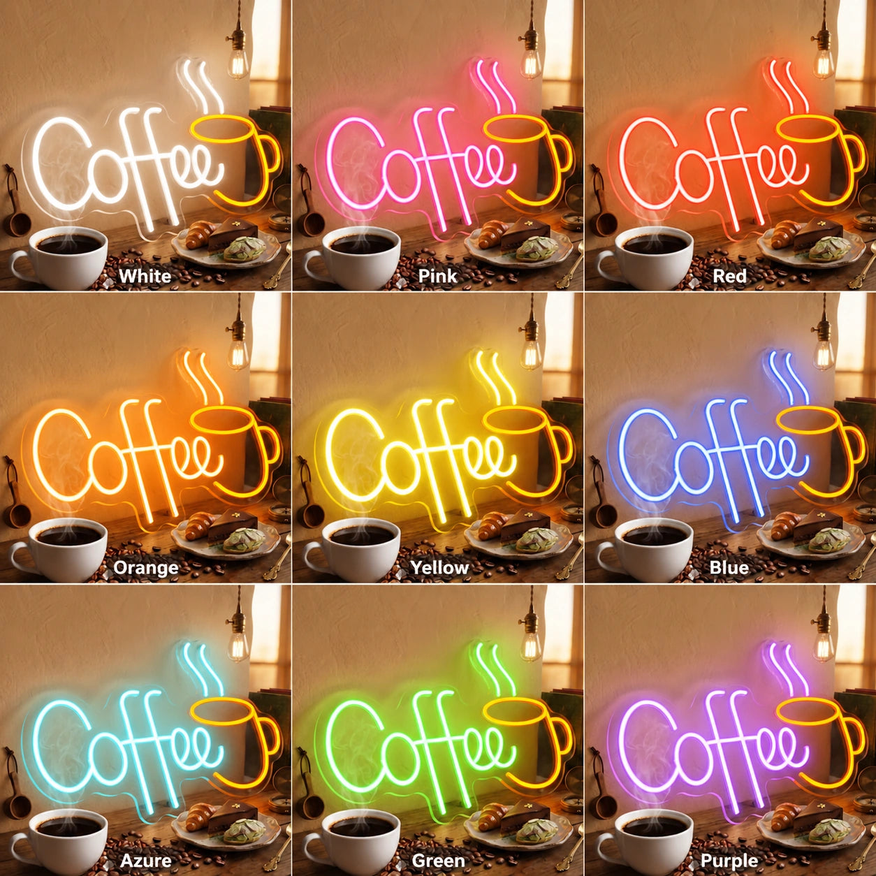 Coffee Script With Cup LED Neon Sign day and night comparison