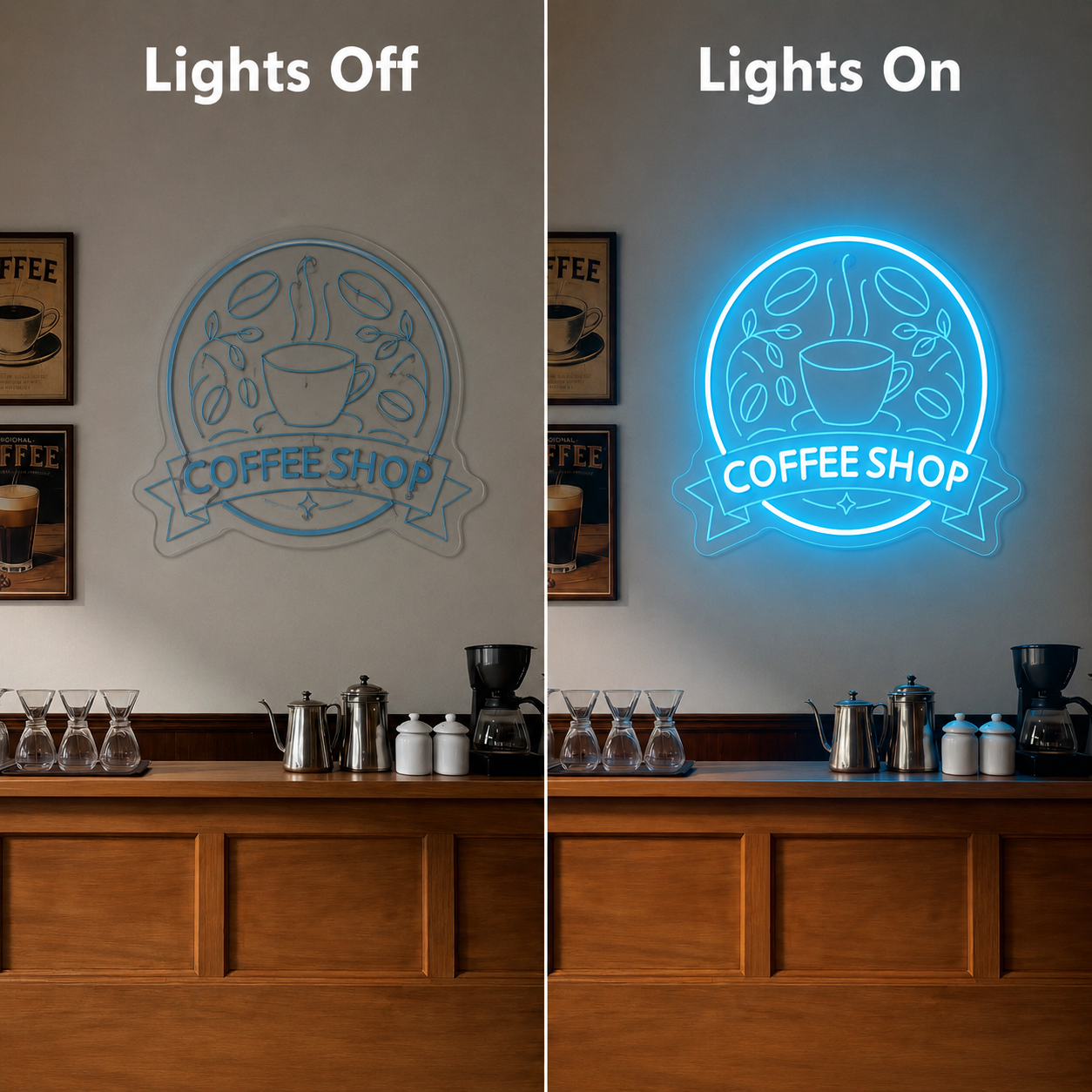 Coffee Shop LED Neon Sign Wall Neon Sign - 06 Day Night Comparison