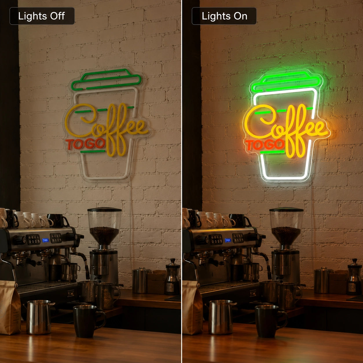 Coffee Shop Working LED Neon Sign - 06 Day Night Comparison