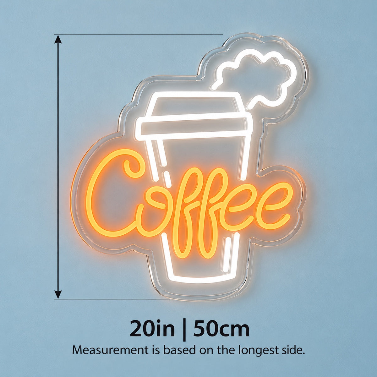 Coffee Steaming Takeaway Cup LED Neon Sign - size guide
