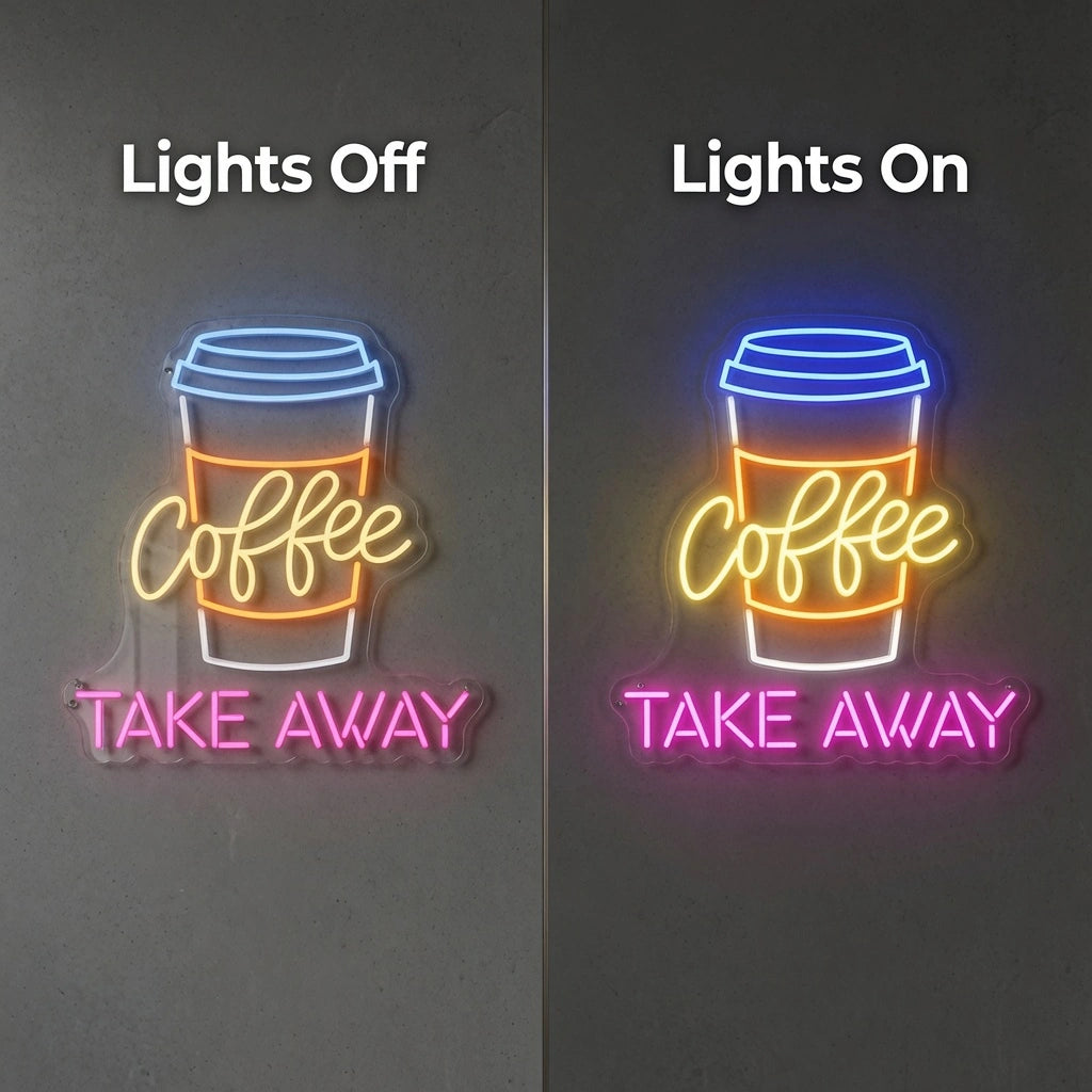 Coffee Take Away Wall Decor LED Neon Sign - 06 Day Night Comparison