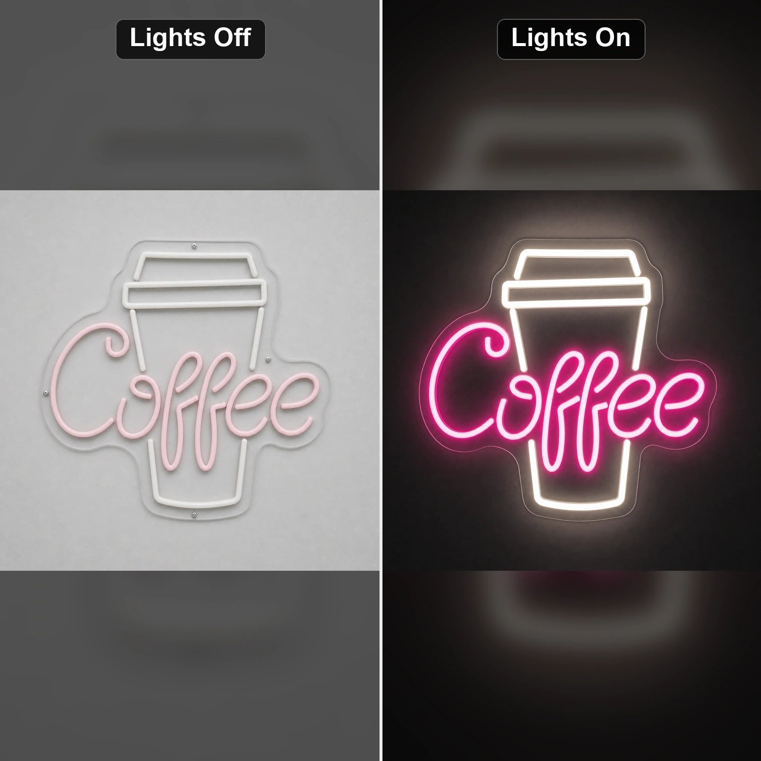 Coffee Takeaway Cup LED Neon Sign Home Bar Wall Decoration day and night comparison