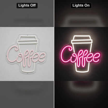 Coffee Takeaway Cup LED Neon Sign Home Bar Wall Decoration day and night comparison