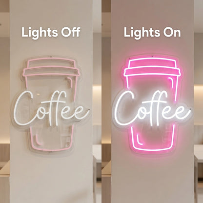 Coffee Window Wall Art LED Neon Sign - 06 Day Night Comparison