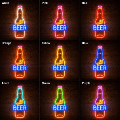 Cold Beer Bottle LED Neon Sign day and night comparison
