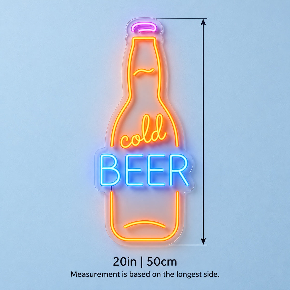 Cold Beer Bottle LED Neon Sign - size guide