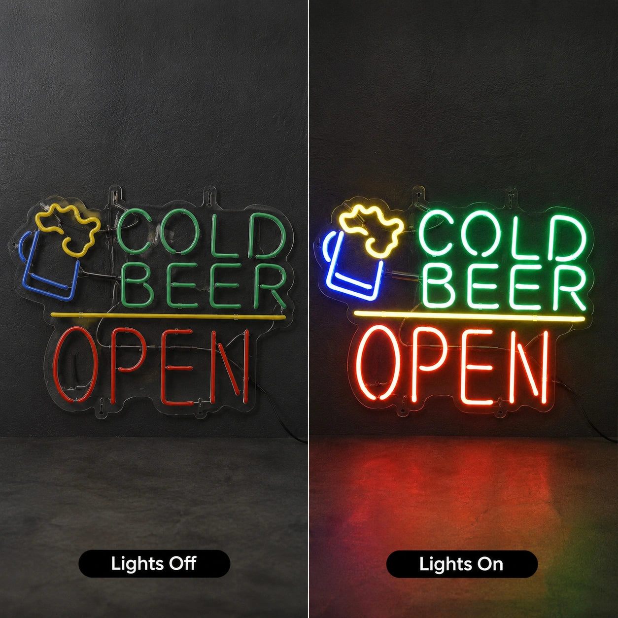 Cold Beer Open Neon Sign LED Neon Sign day and night comparison