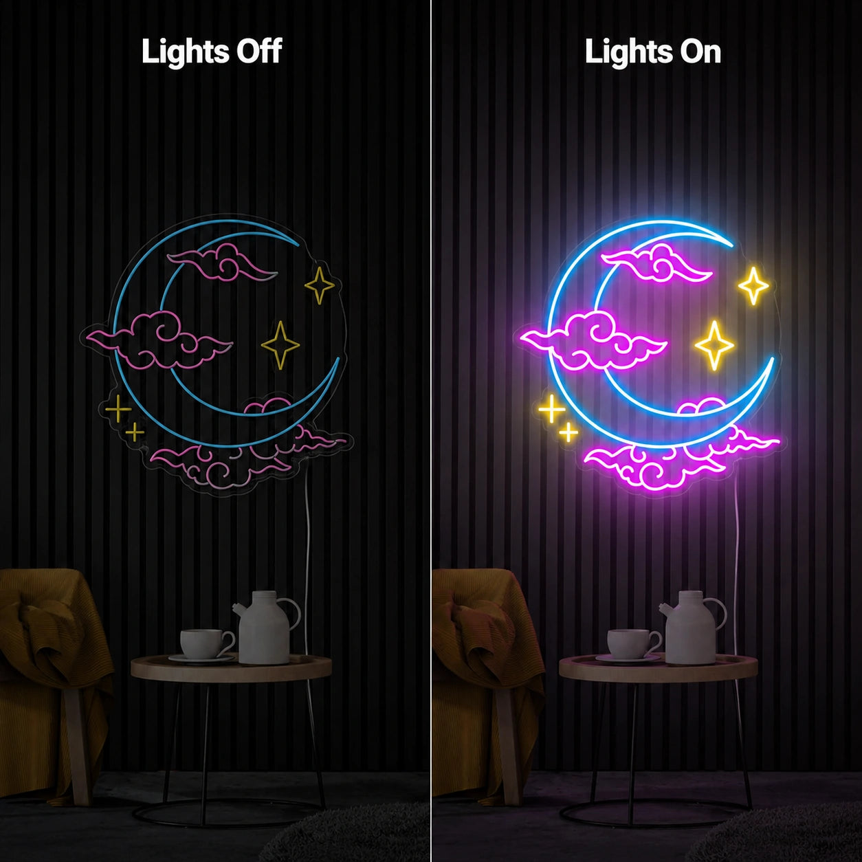 Color Moon Cloud Neon Sign LED Neon Sign day and night comparison