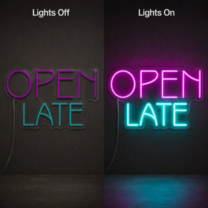 Color Open Late Neon Sign LED Neon Sign day and night comparison