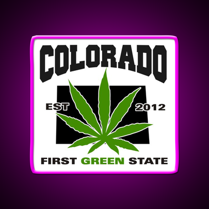 Colorado First Green State Hemp Inspired Green Leaf Led Neon Sign Rgb Color - Neon sign mounted on wall in room