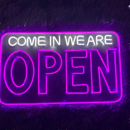 Come In We Are Open Led Neon Sign White Text Purple Border For Shop Entrance | Shineneon