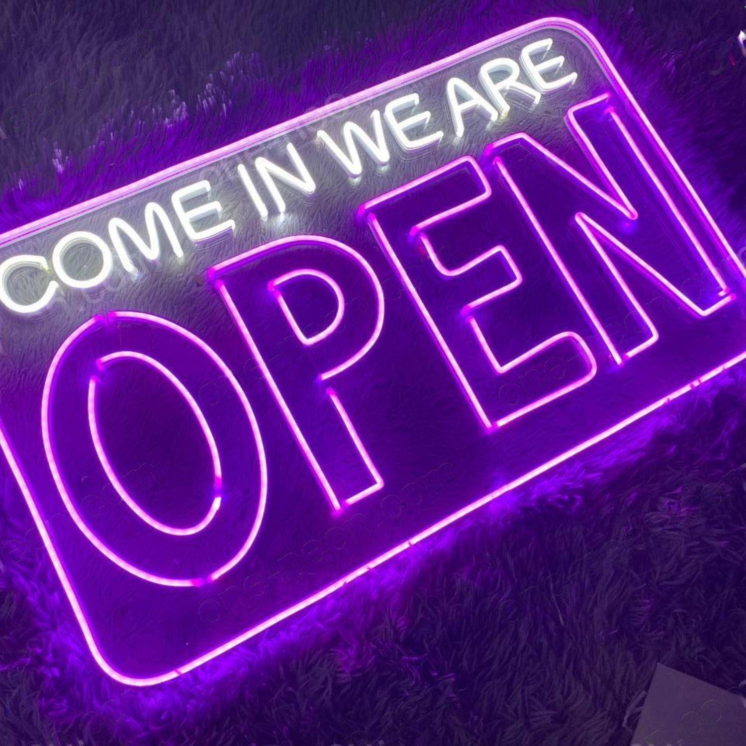 Come In We Are Open Led Neon Sign White Text Purple Border For Shop Entrance | Shineneon