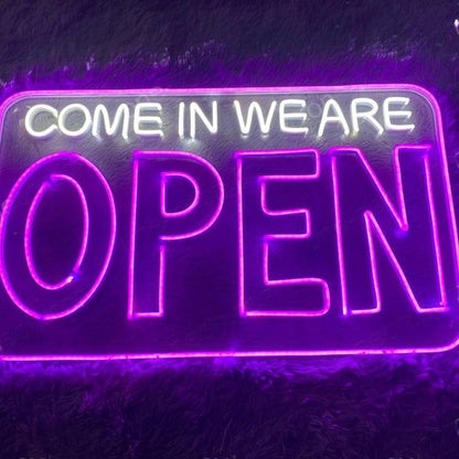 Come In We Are Open Led Neon Sign White Text Purple Border For Shop Entrance | Shineneon