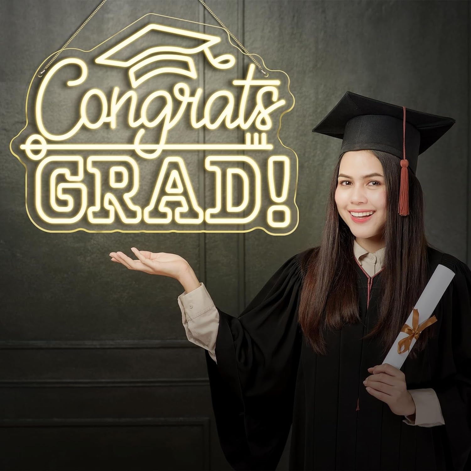 Congrats Grad Neon Sign With Graduation Cap Class Light Up Sign For Wall Decor | Shineneon