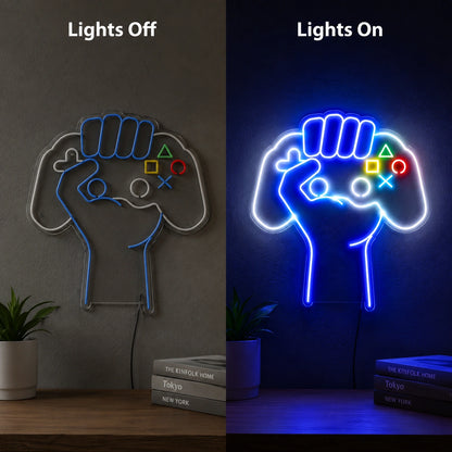 Controller Fist Neon Sign LED Neon Sign day and night comparison
