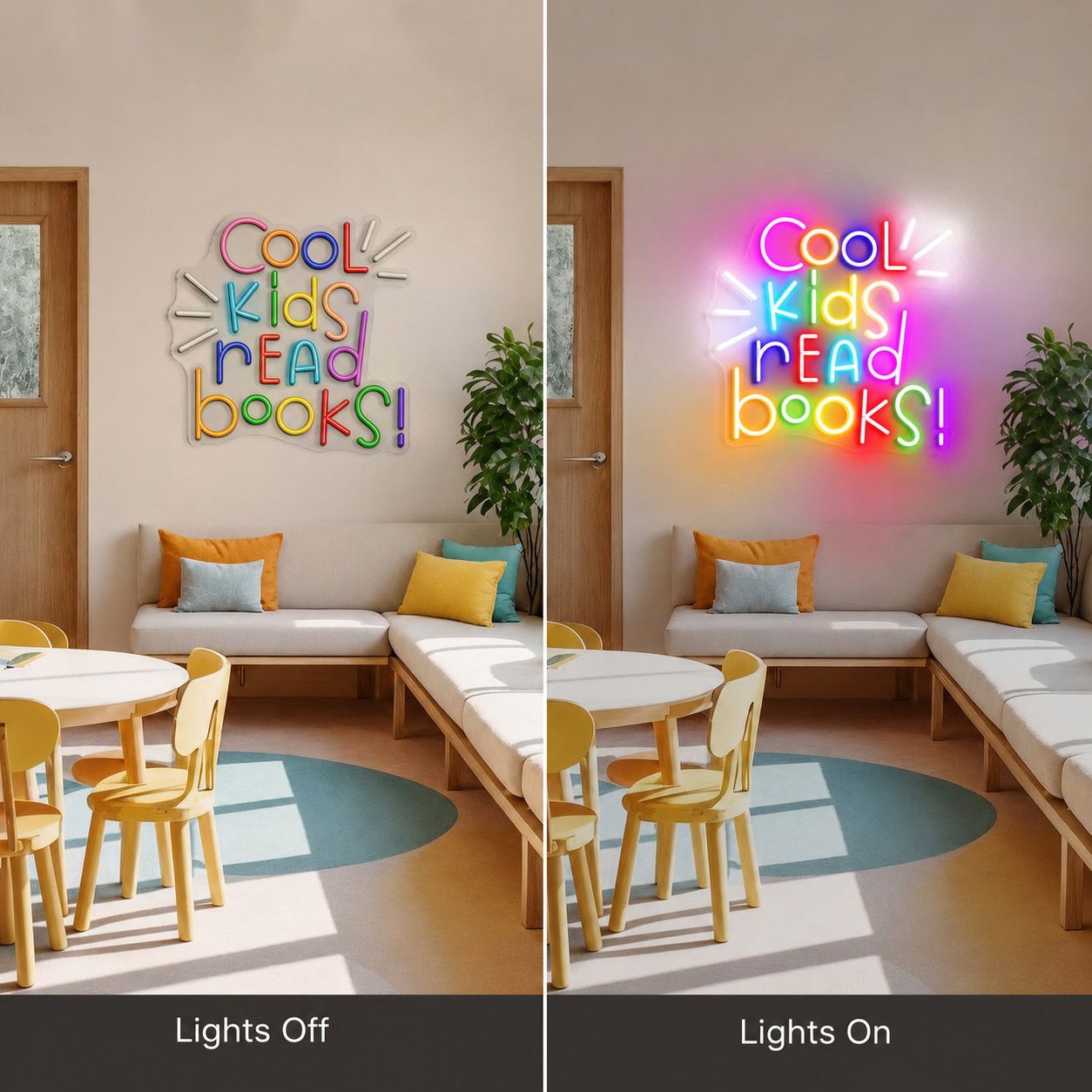 Cool Kids Read Books Wall Decor LED Neon Sign - 06 Day Night Comparison