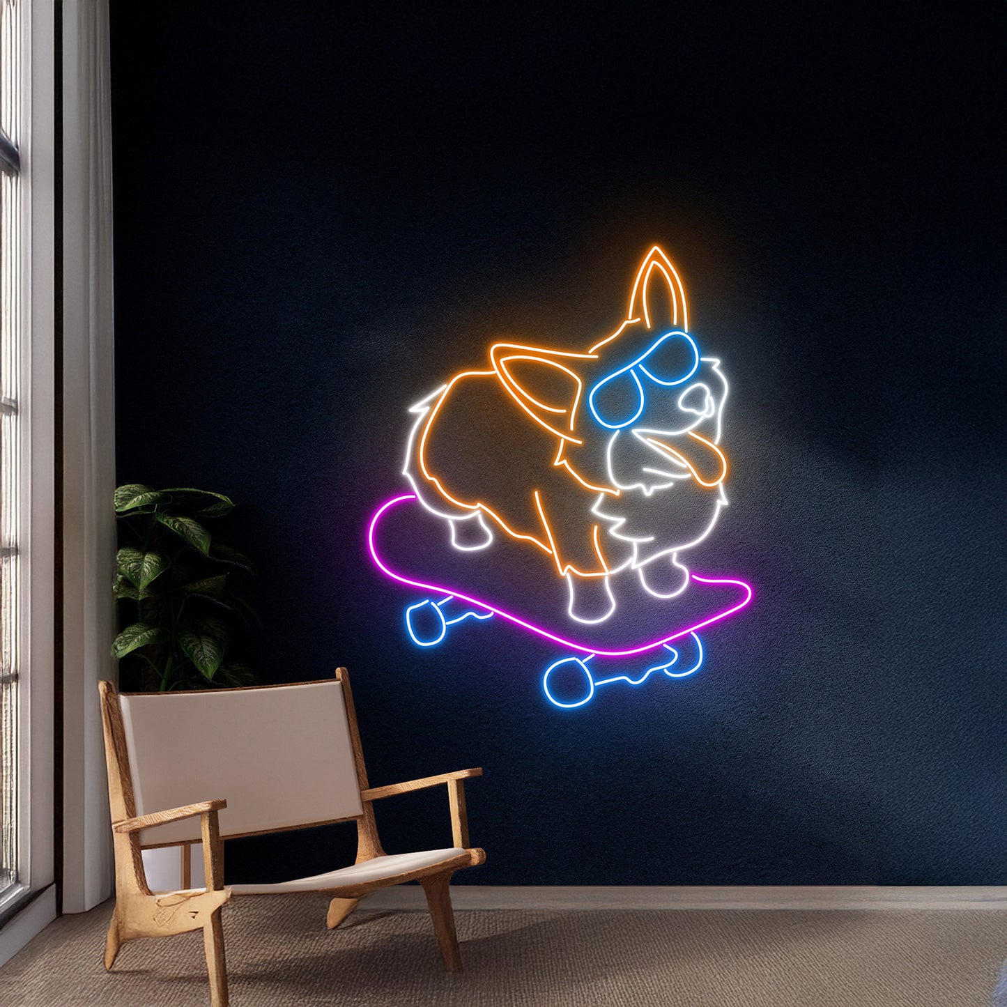 Corgi Skateboarding Neon Sign