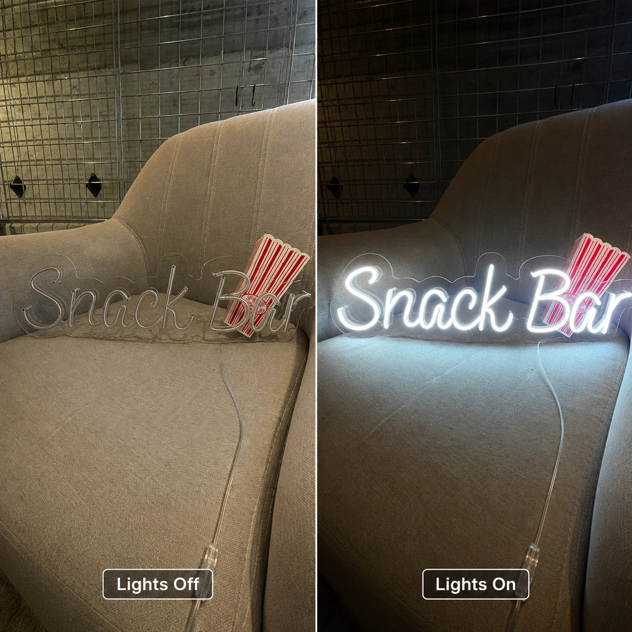 Couch Snack Bar Neon Sign LED Neon Sign day and night comparison