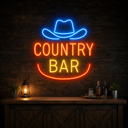 Country Bar Cowboy Hat Horseshoe Vintage LED Neon Sign size image