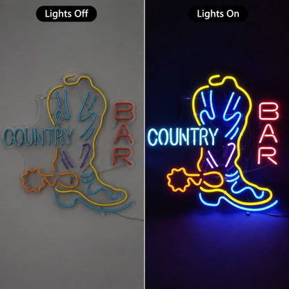 Country Boot Star Neon Sign LED Neon Sign day and night comparison