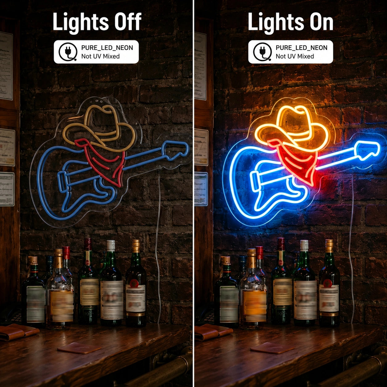 Country Guitar Cowboy Hat Neon Sign LED Neon Sign day and night comparison