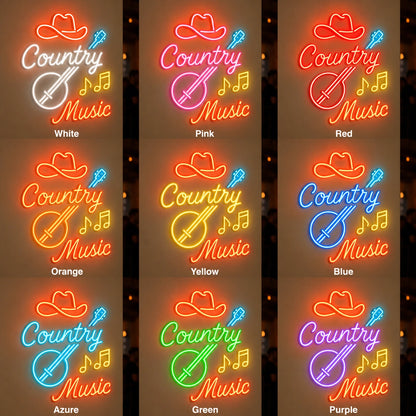 Country Music Banjo And Cowboy Hat LED Neon Sign day and night comparison