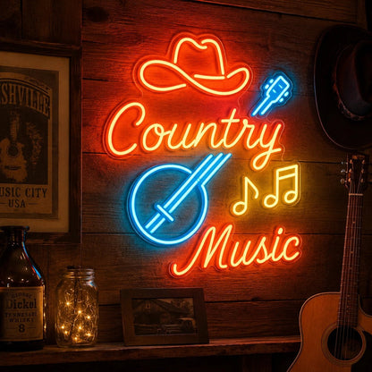 Country Music Banjo And Cowboy Hat LED Neon Sign - Shineneon