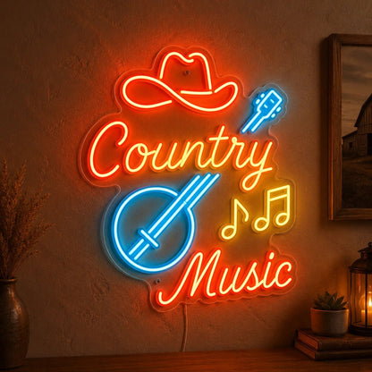 Country Music Banjo And Cowboy Hat LED Neon Sign - Shineneon