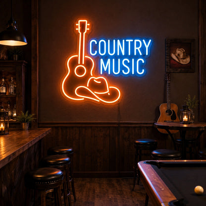 Country Music Guitar And Cowboy Hat LED Neon Sign size image