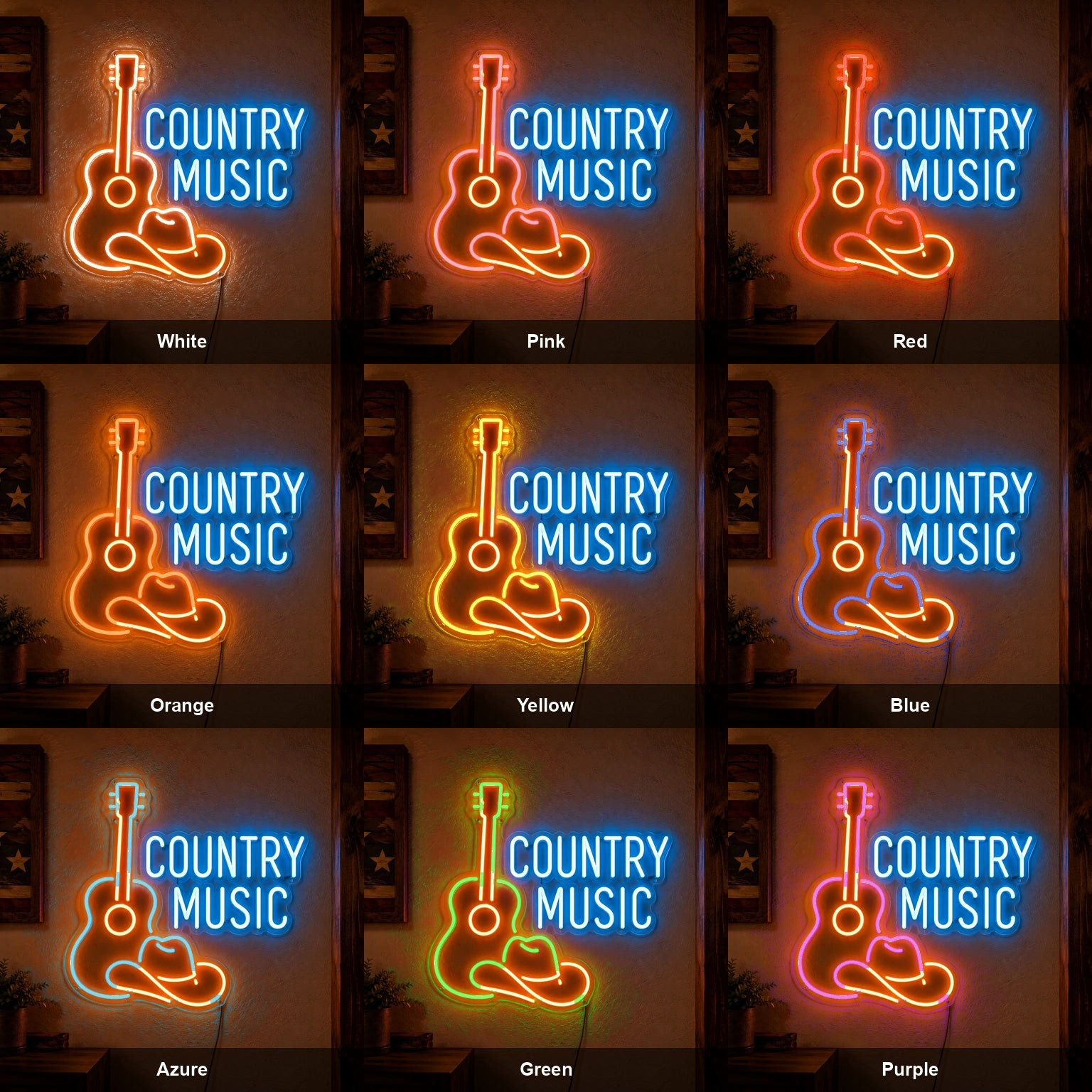 Country Music Guitar And Cowboy Hat LED Neon Sign color grid