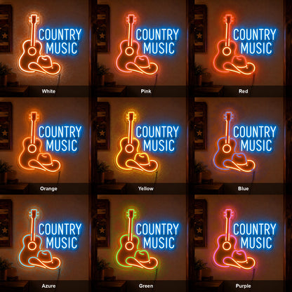 Country Music Guitar And Cowboy Hat LED Neon Sign color grid
