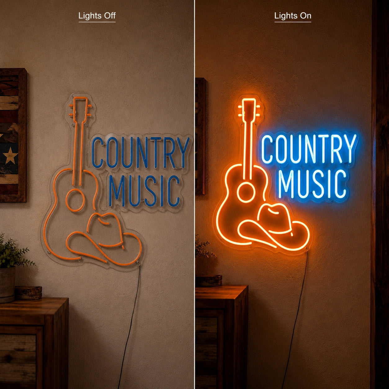 Country Music Guitar And Cowboy Hat LED Neon Sign day and night comparison