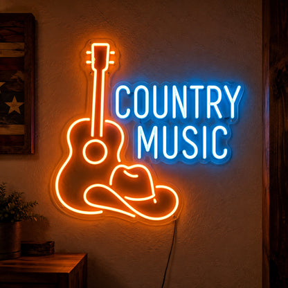 Country Music Guitar And Cowboy Hat LED Neon Sign main product image