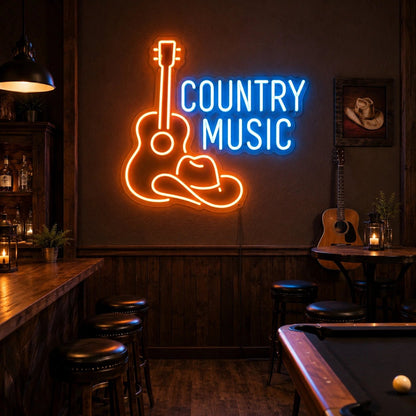 Country Music Guitar And Cowboy Hat LED Neon Sign - Shineneon