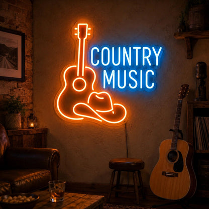 Country Music Guitar And Cowboy Hat LED Neon Sign - Shineneon