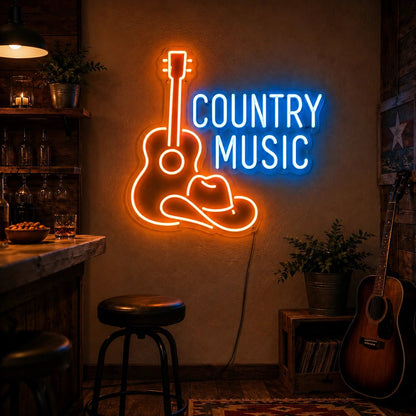 Country Music Guitar And Cowboy Hat LED Neon Sign - Shineneon