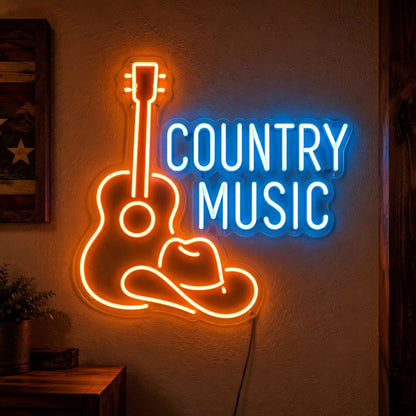 Country Music Guitar And Cowboy Hat LED Neon Sign - Shineneon