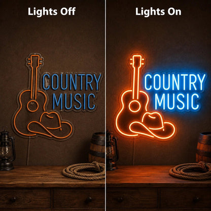 Country Music Guitar And Cowboy Hat LED Neon Sign Man Cave Neon Sign - Shineneon