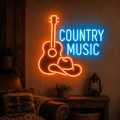 Country Music Guitar And Cowboy Hat LED Neon Sign Man Cave Neon Sign - Shineneon