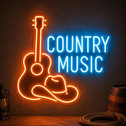Country Music Guitar And Cowboy Hat LED Neon Sign Man Cave Neon Sign - Shineneon