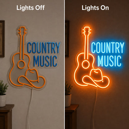 Country Music Guitar Neon Sign LED Neon Sign day and night comparison