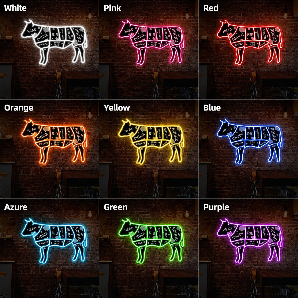 Cow Butcher Cuts LED Neon Sign day and night comparison