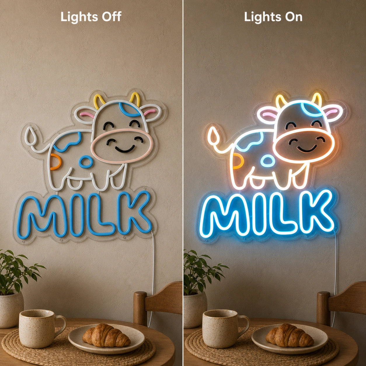 Cow Milk LED Neon Sign day and night comparison