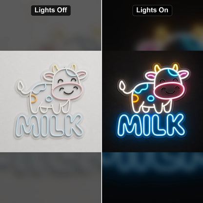Cow Milk LED Neon Sign Home Garage Wall Decoration day and night comparison