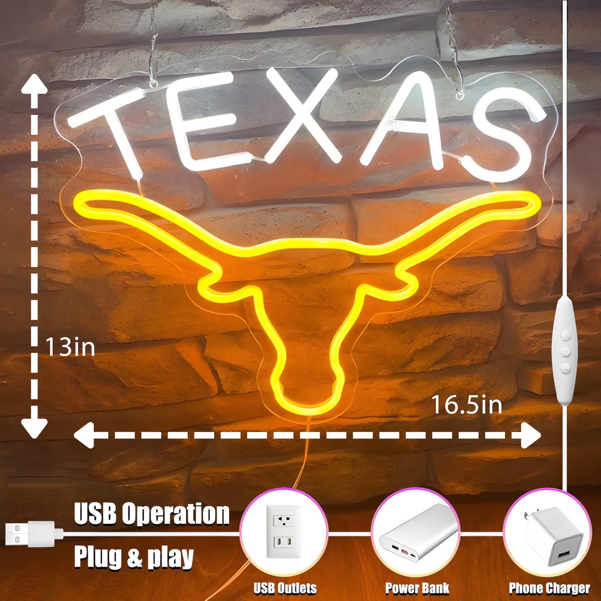 Texas Longhorn USB LED Neon Sign for Bar Game Room & Man Cave Wall Decor