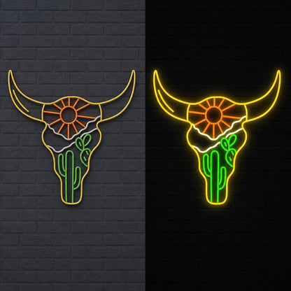 Cow Skull Desert Brick Wall Vintage LED Neon Sign day and night comparison