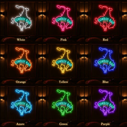 Cowboy Bar Bucking Bronco LED Neon Sign day and night comparison