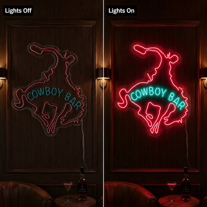 Cowboy Bar Rider Neon Sign LED Neon Sign day and night comparison