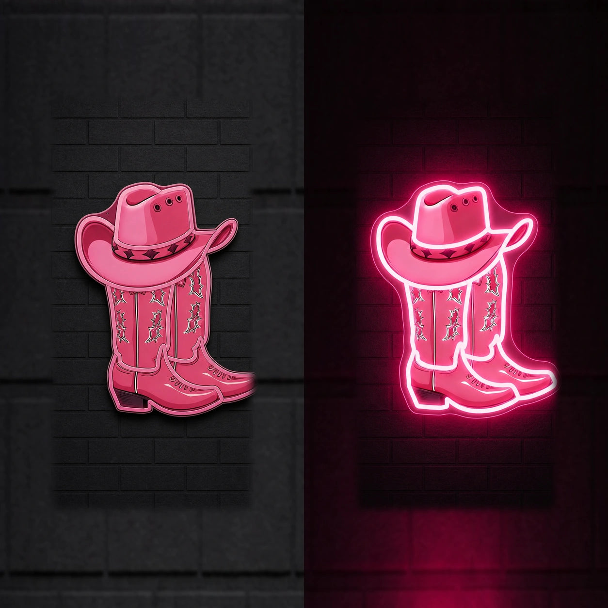 Cowboy Boot And Hat Garage Neon Sign Vintage LED Neon Sign day and night comparison